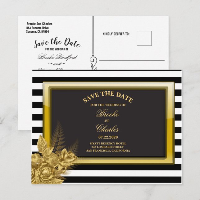Art Deco Gold Roses & Stripes Save the Date Card (Front/Back)