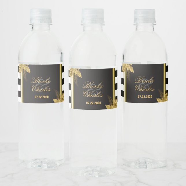 Art Deco Gold Roses, Stripes Water Bottle Labels (Bottles)