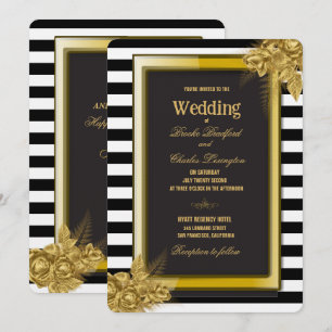 Art Deco Gold Roses & Stripes Wedding Invitations