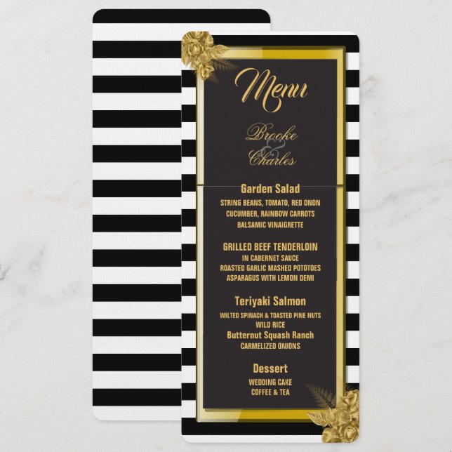 Art Deco Gold Roses, Stripes Wedding Menu Card (Front/Back)