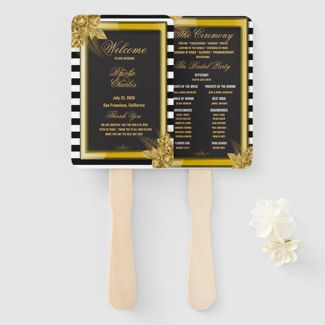 Art Deco Gold Roses, Stripes Wedding Program Fans (Front and Back)