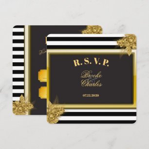 Art Deco Gold Roses & Stripes Wedding RSVP Cards