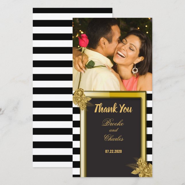 Art Deco Gold Roses, Stripes Wedding Thank You Card (Front/Back)