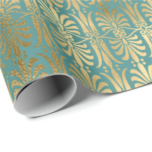 Art Deco Gold Sepia Metallic Teal Aquatic Wrapping Paper