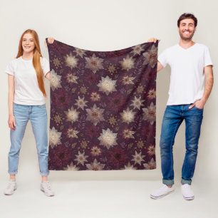 Art Deco Gold Snowflakes Burgundy Glam Floral Fleece Blanket