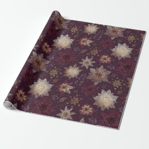 Art Deco Gold Snowflakes Burgundy Glam Floral Wrapping Paper