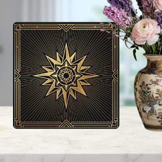 Art Deco Gold Sunburst Compass Graphic Black Tile