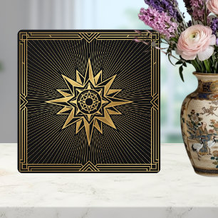 Art Deco Gold Sunburst Compass on Black Tile