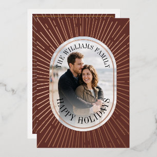 Art Deco Gold Sunburst Happy Holidays Photo - Red Foil Holiday Card