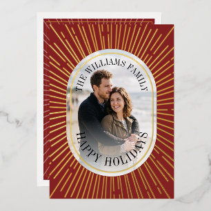 Art Deco Gold Sunburst Happy Holidays Photo - Red Foil Holiday Card