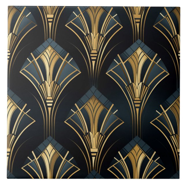 Art Deco Gold, Symmetrical, Navy and Cyan Tile (Front)