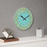 Art Deco Gold Turquoise Greek Key Border Gold Mkrs Large Clock<br><div class="desc">Art-Deco Gold Turquoise Greek Key Border,  Gold Markers Wall Clock  ========

 A classic art deco gold color border on a turquoise background.  The numeral markers are also gold colored. You can edit the design background color to any other color of your choice.</div>