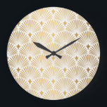 Art Deco: Gold-White Elegance. Large Clock<br><div class="desc">Art Deco Pattern. Seamless white and gold background. Metallic shells or scales lace ornament. Minimalistic geometric design. Vintage lines. 1920-30s motifs. Luxury vintage wedding decoration Roaring 20s Art: Metallic Shells and Geometric decor. Art Deco Elegance: Metallic Shells and Vintage Lines. pattern, deco, gold, geometric, seamless, background, texture, steampunk, fan, leaves,...</div>