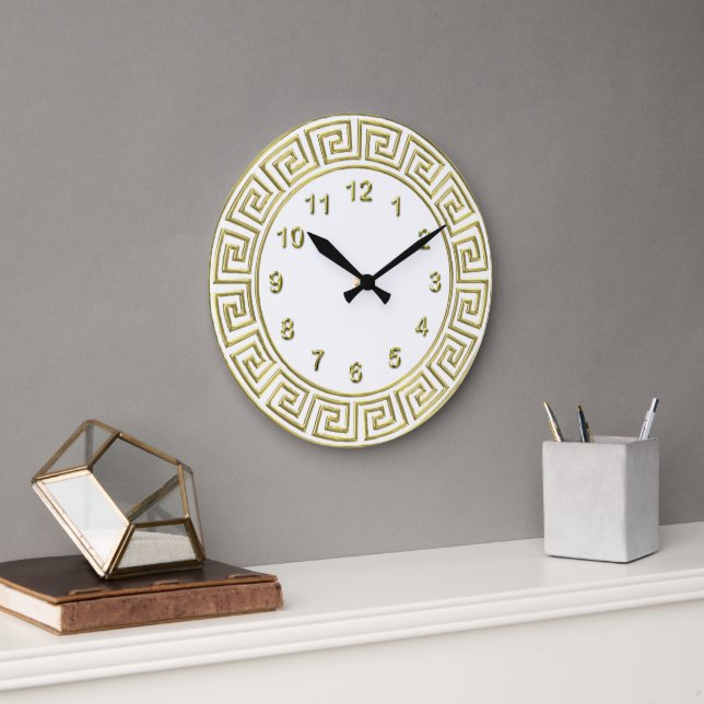 Art Deco Gold White Greek Key Border Gold Markers Large Clock (Office)