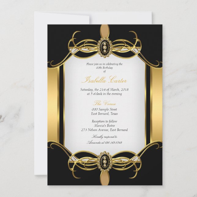 Art Deco Golden Black White Pearl Birthday Party Invitation (Front)