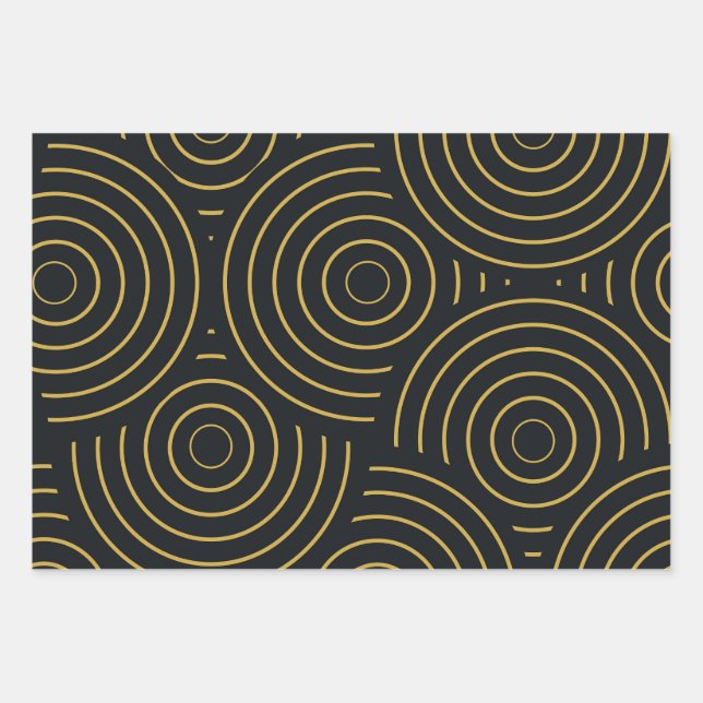 Art Deco Golden Circles Pattern on Black  Wrapping Paper Sheet (Front)