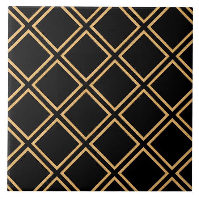 Art Deco Golden Double Stripes on Black  Tile (Front)