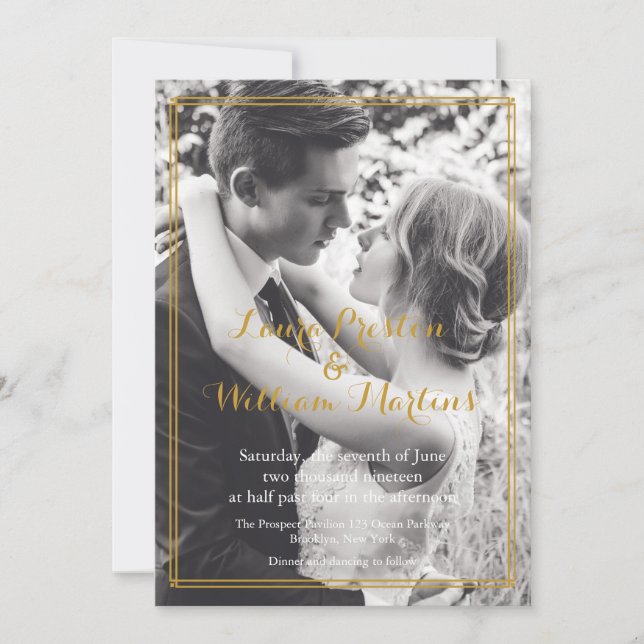 Art Deco Golden Frame Photo Wedding Invitation (Front)