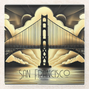 Art Deco Golden Gate Bridge Glass Coaster