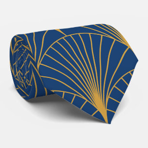 Art Deco Golden Geometric Fans on Navy Blue  Tie
