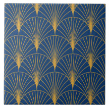 Art Deco Golden Geometric Fans on Navy Blue 