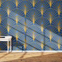 Art Deco Golden Geometric Fans on Navy Blue 