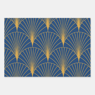 Art Deco Golden Geometric Fans on Navy Blue Wrapping Paper Sheet