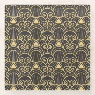 Art Deco: Golden Geometric Tiles. Glass Coaster