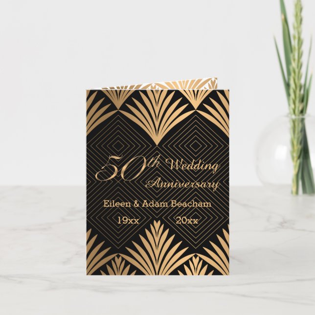 Art deco golden leaves 50th Wedding Anniversary Note Card (Front)