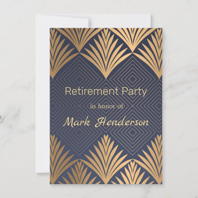 Art deco golden leaves on blue Retirement Party Invitation (Front)
