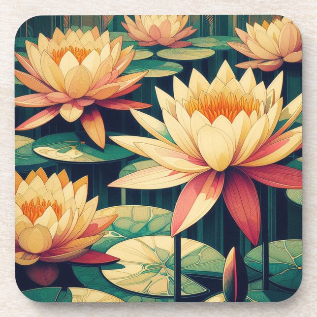 Art Deco Golden Lotus Hard plastic coaster set (Front)