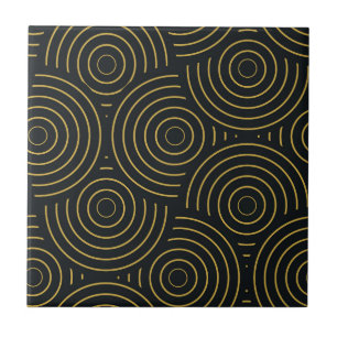 Art Deco Golden Overlapping Circles on Black  Tile