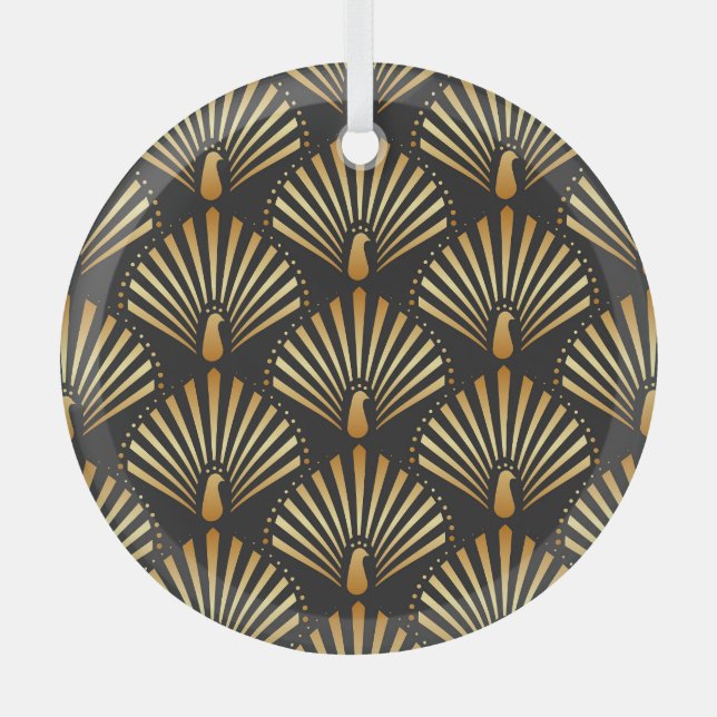 Art deco golden peacock pattern glass tree decoration (Front)