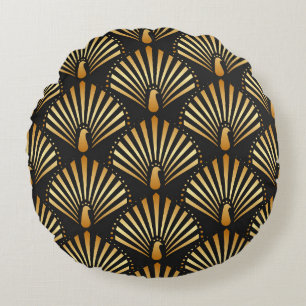 Art deco golden peacock pattern round cushion