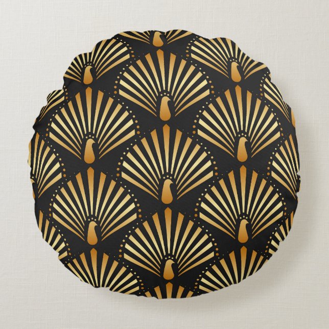 Art deco golden peacock pattern round cushion (Front)