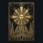 Art Deco Golden Sun Face Palace Poster | Celestial<br><div class="desc">Transform your interior with the crown jewel of the Aura Celestial collection. This breathtaking poster features a stoic anthropomorphic sun face radiating powerful geometric rays over a grand, symmetrical Art Deco palace. Set against a deep obsidian sky filled with star constellations and crescent moons, the design is a masterclass in...</div>