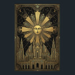 Art Deco Golden Sun Face Palace Poster | Celestial<br><div class="desc">Transform your interior with the crown jewel of the Aura Celestial collection. This breathtaking poster features a stoic anthropomorphic sun face radiating powerful geometric rays over a grand, symmetrical Art Deco palace. Set against a deep obsidian sky filled with star constellations and crescent moons, the design is a masterclass in...</div>