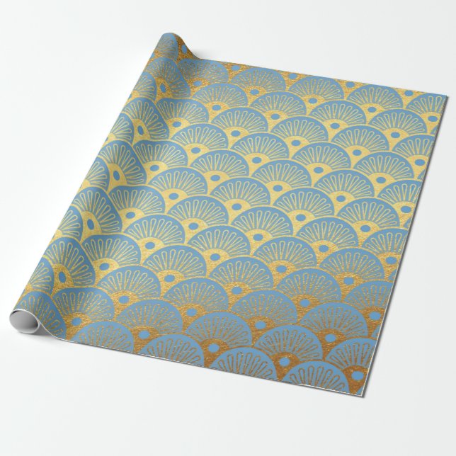 Art Deco Golden Waves Seashells Blue Pastel Vip Wrapping Paper (Unrolled)