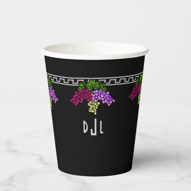 Art Deco Grapes - Black,Silver,Violet Monogrammed Paper Cups (Front)