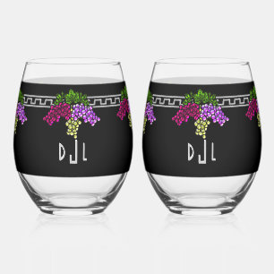 Art Deco Grapes - Black,Silver,Violet Monogrammed Stemless Wine Glass