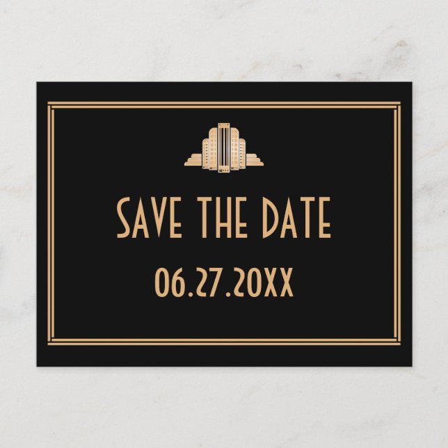 Art Deco Great Gatsby Black Gold Save The Date Announcement Postcard (Front)