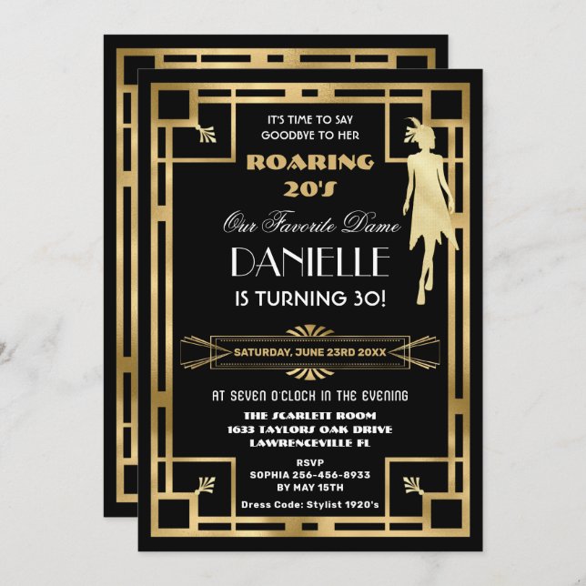 Art Deco Great Gatsby Roaring 20s 30th Birthday Invitation (Front/Back)