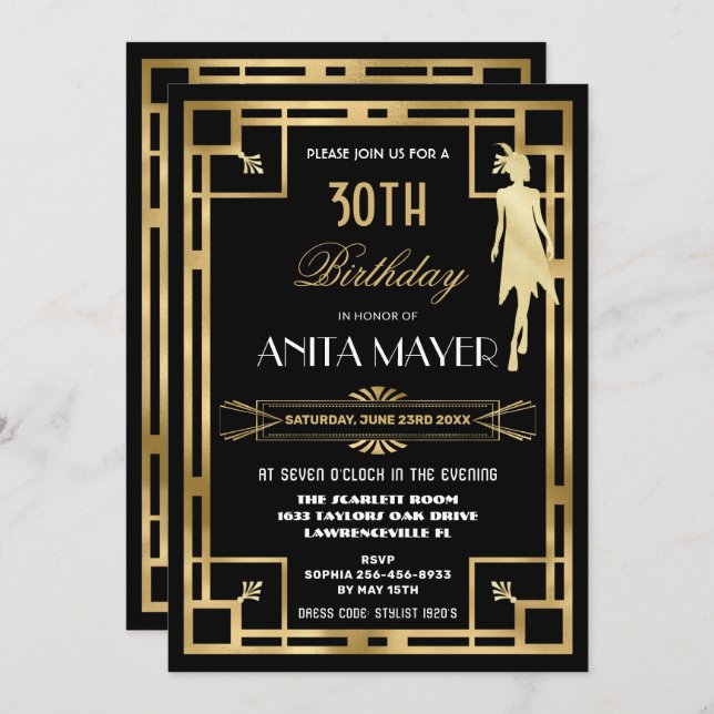 Art Deco Great Gatsby Roaring 20s Birthday ANY AGE Invitation (Front/Back)