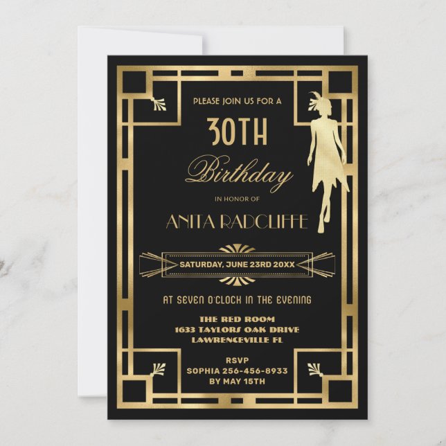 Art Deco Great Gatsby Roaring 20s Birthday ANY AGE Invitation (Front)