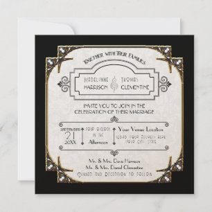 Art Deco Great Gatsby Style Typography n Lace Gold Invitation