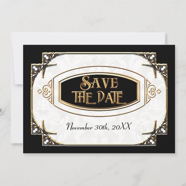 Art Deco Great Gatsby Style Typography n Lace Gold Save The Date (Front)