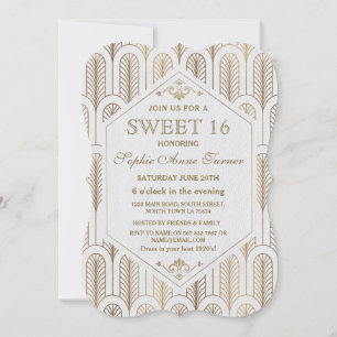 Art Deco Great Gatsby White Gold SWEET 16 Invitation