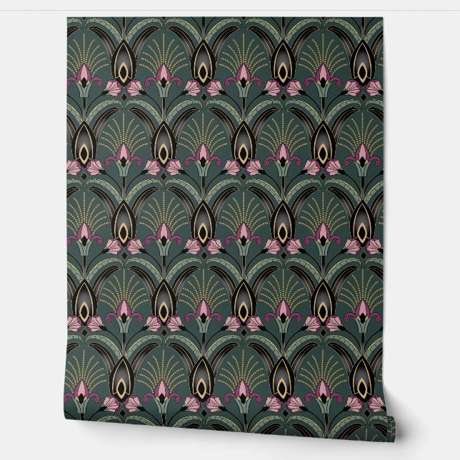 Art Deco Green and Black Wallpaper (Unrolling)