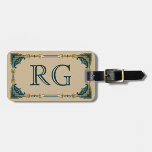 Art Deco Green and Gold Framed Monogram Luggage Tag