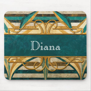 Art Deco Green and Gold Stripes Personalized Mouse Mat